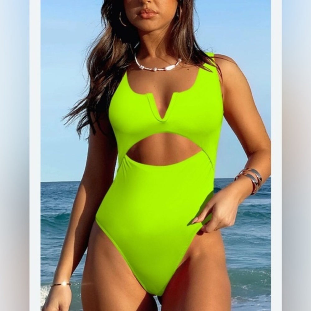 Meyeeka Neon Green Women's Cutout One Piece Tummy Control Swimsuit Size L